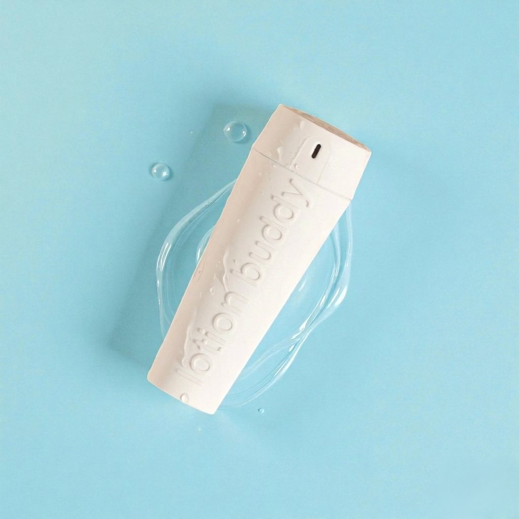 lotion buddy — a white, chapstick-sized refillable lotion bottle on a sky-blue background dotted with water drops